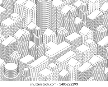 Isometric city background with skyscrapers. Offices, stores and headquarter. Vector illustration.