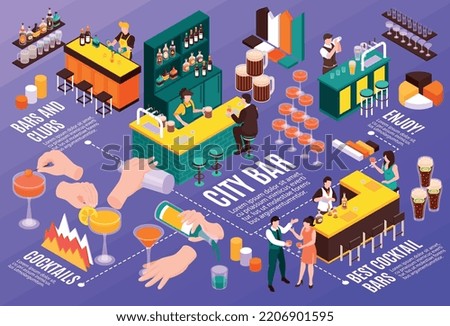 Isometric city bar horizontal infographics template with barman and visitors enjoying their drinks on color background 3d vector illustration