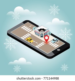 Isometric city. Barbershop. Snow winter day. Waiting for a Christmas and New Year.Mobile searching. Geo tracking. Map