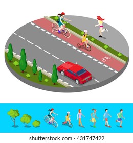 Isometric City. Bike Path With Bicyclist. Footpath And Running Woman. Vector Illustration