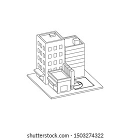 Isometric City Block Line Art with street basketball court