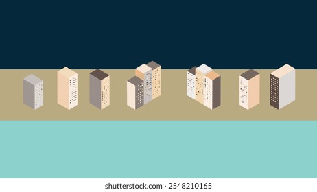 Isometric City Blocks Building Vector Set, collection of box-style multi-story buildings in a clean isometric flat design for versatile creative projects.