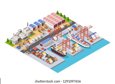 Isometric City Boulevard with an industrial port with cruise and transport boat and naval ships nautical transport on the sea for travel vacation tourism illustration. Isometric set of transportation