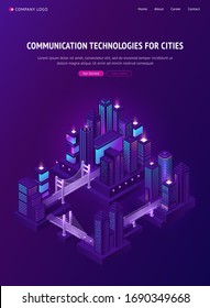 Isometric city with bridges, car roads and overpass. Communication technology for cities. Vector poster with illustration of town with skyscrapers, transport infrastructure and bridge constructions