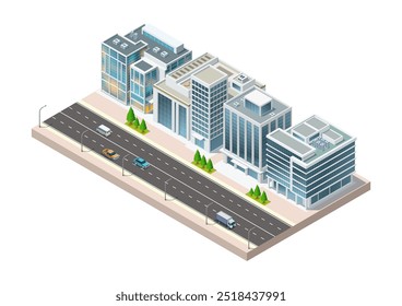 Isometric city building with highway traffic