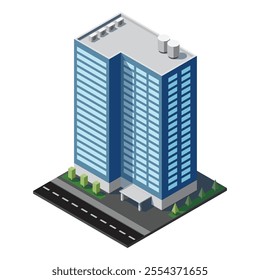 Isometric city building. Isometric modern building. Skyscraper building or business office. Vector illustration