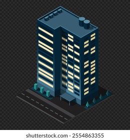 Isometric city building at night. Isometric modern building. Skyscraper building or business office. Vector illustration
