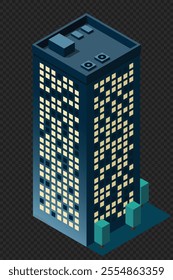 Isometric city building at night. Isometric modern building. Skyscraper building or business office. Vector illustration