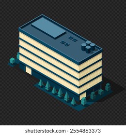 Isometric city building at night. Isometric modern building. Skyscraper building or business office. Vector illustration