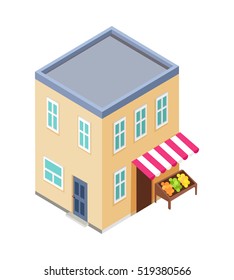 Isometric city building vector. Isometry icon of city. Modern architecture, skyscraper exterior, clean city. Home and office building. Eco friendly environment. Residential estate cityscape.