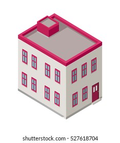 Isometric city building vector. Isometry icon of city. Modern architecture, skyscraper exterior, clean city. Home and office building. Eco friendly environment. Residential estate cityscape.