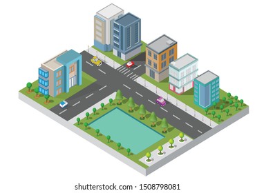 Isometric City Building vector.The town on Yard with road and trees.Bridge over the river.smart city and public park.building 3d,cars,capital,Vector office and metropolis concept.