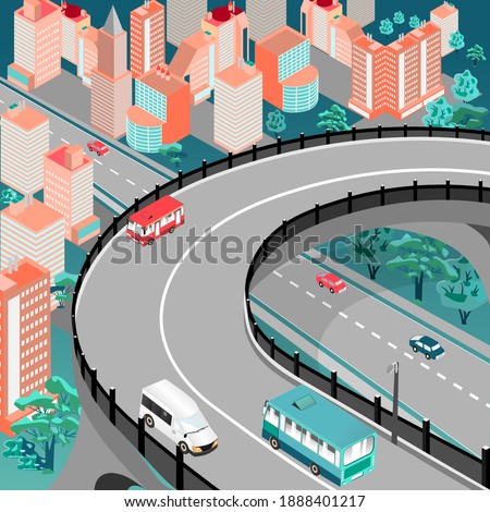 Isometric City Building vector.The town with  an overpass over the road, various buildings, trees and cars. View of the skyscrapers from the overpass from above.Vector ofice and metropolis concept.
