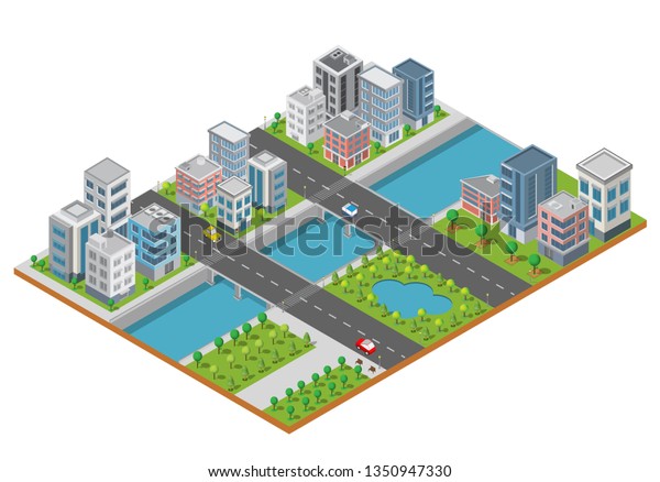 Isometric City\
Building vector.The town on Yard with road and trees.Bridge over\
the river.smart city and public park.building 3d,cars,capital ,\
Vector office and metropolis\
concept.
