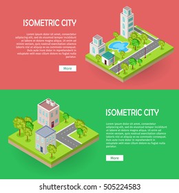 Isometric city buildingd vector web banners set. Modern architecture, skyscraper exterior, clean sustainable eco city. Home office buildings. Eco friendly environment. Residential estate cityscape.