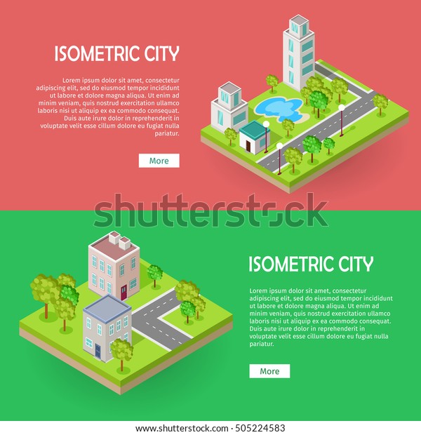 Isometric city buildingd vector web banners\
set. Modern architecture, skyscraper exterior, clean sustainable\
eco city. Home office buildings. Eco friendly environment.\
Residential estate\
cityscape.