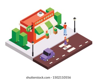 Isometric city buildings background composition with small food store house square trees cars and human characters vector illustration