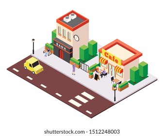 Isometric city buildings background composition with view of street cafe and bank houses with people characters vector illustration