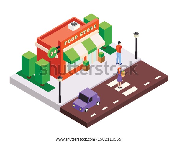 Isometric city buildings background\
composition with small food store house square trees cars and human\
characters vector\
illustration