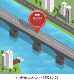Isometric city with buildings and a bridge across the river, vector illustration