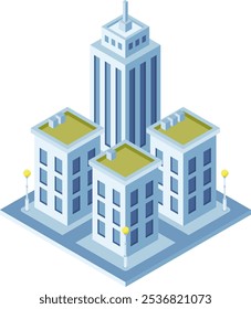 Isometric city buildings with a central skyscraper highlight urban development, infrastructure, and economic growth