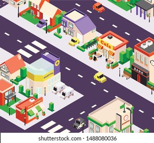 Isometric city buildings composition with bird eye perspective view of town block with shops and cafe vector illustration