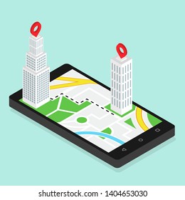 Isometric city buildings with map GPS navigation. Vector illustration.