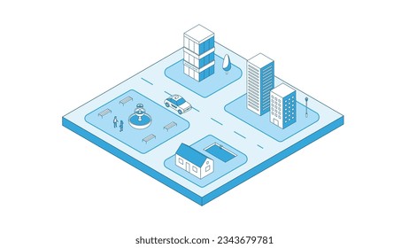 Isometric city with buildings outline. Town creator, iso house. City map builder vector. 