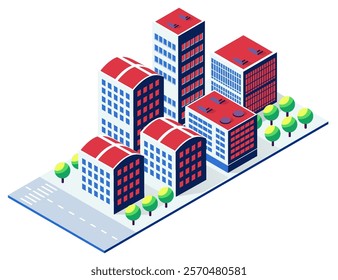 Isometric city buildings with red roofs and trees along the street represent a modern urban landscape