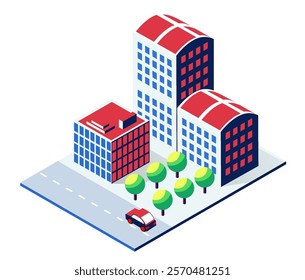 Isometric city buildings rising alongside a bustling street, with a car driving past and vibrant green trees lining the road