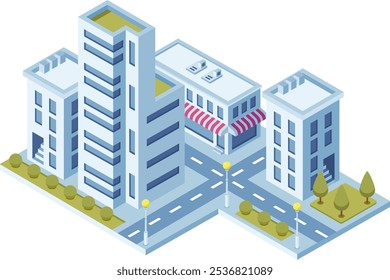 Isometric city buildings with a store, roads, street lamps, and green areas creating a vibrant urban scene