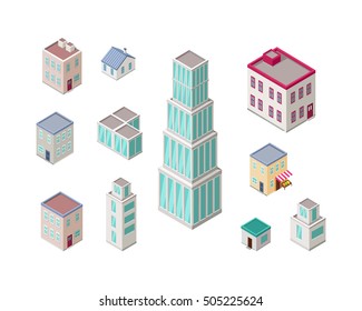 Isometric city buildings vector set. Isometry icons of city. Modern architecture, skyscraper exterior, clean city. Home and office buildings. Eco friendly environment. Residential estate cityscape.