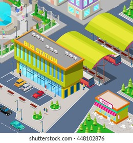 Isometric City Bus Station With Buses, Parking Area, Restaurant And Park. Vector Illustration