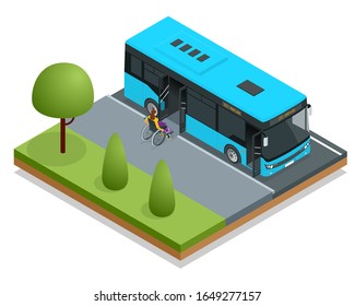 Isometric City Bus at a bus stop. Woman in a wheelchair leaves the bus. Access ramp for disabled persons and babies in a bus. Driver helping Man enter into the transport via wheelchair ramp.