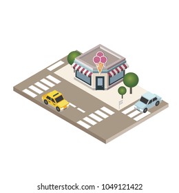Isometric city. Cafe or restraunt. Food delivering. City life. Geo tracking. Map