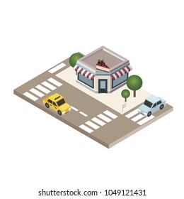 Isometric city. Cafe or restraunt. Food delivering. City life. Geo tracking. Map