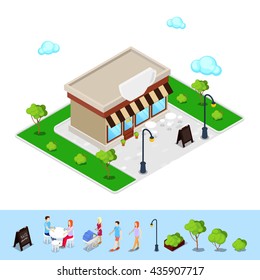 Isometric City Cafe with Tables and Trees. Food and Drink. Vector illustration