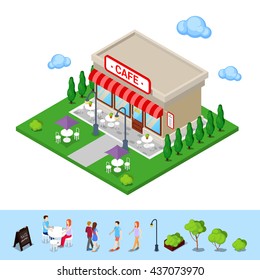 Isometric City Cafe with Tables and Trees. Food and Drink. Vector flat 3d illustration