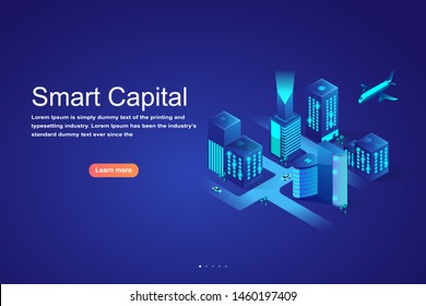Isometric city, capital,  Intelligent buildings. Web template and landing page vector design. 
