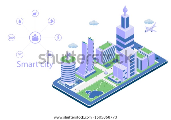 Isometric city, capital, Intelligent\
buildings on smartphone with icon infographic. Web template and\
landing page vector\
design.	\
