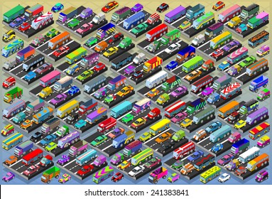 Isometric City Car Collection Auto Automobile Vehicle. Vector Isometric 3d Transport Graphic Icons. Road Traffic Truck. Car Vehicle Collection 3d Illustration