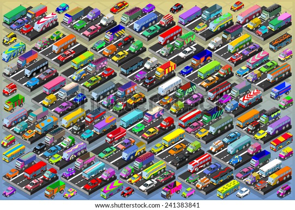 Isometric City Car Collection Auto\
Automobile Vehicle. Vector Isometric 3d Transport Graphic Icons.\
Road Traffic Truck. Car Vehicle Collection 3d\
Illustration