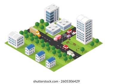 Isometric city with cars and trucks driving on streets, surrounded by buildings and trees, representing urban life and transportation