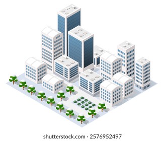 Isometric city center with modern skyscrapers, offices and snowy trees during winter season