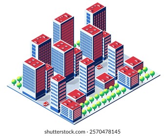 Isometric city center with skyscrapers, offices and green trees, representing a modern urban environment