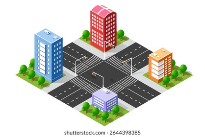 Isometric city center with skyscrapers, streets, crosswalks, traffic lights, cars, trucks, trees and parks, creating a vibrant urban landscape