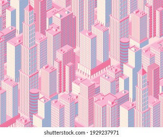 Isometric city centre, cityscape, city skyline. Vector illustration in flat design.