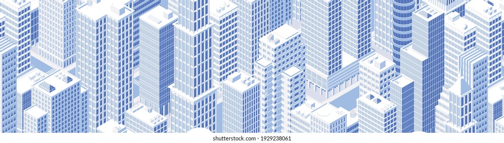 Isometric city centre, cityscape, city skyline. Vector illustration in flat design.