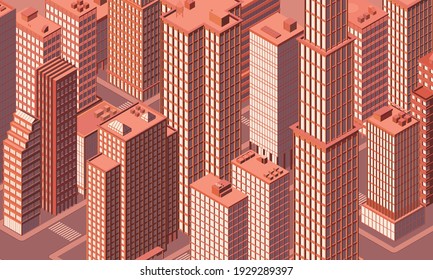 Isometric city centre, cityscape, city skyline. Vector illustration in flat design.