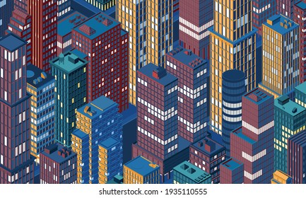 Isometric city centre, cityscape, city skyline. Vector illustration in flat design.
